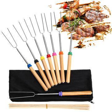 8PCS Roasting Sticks Telescoping 12 -32  Smore Sticks Skewers Set with Wooden Handle for BBQ Hot Dog Fork Fire Pit Camping Cookware - Matthew Petersen