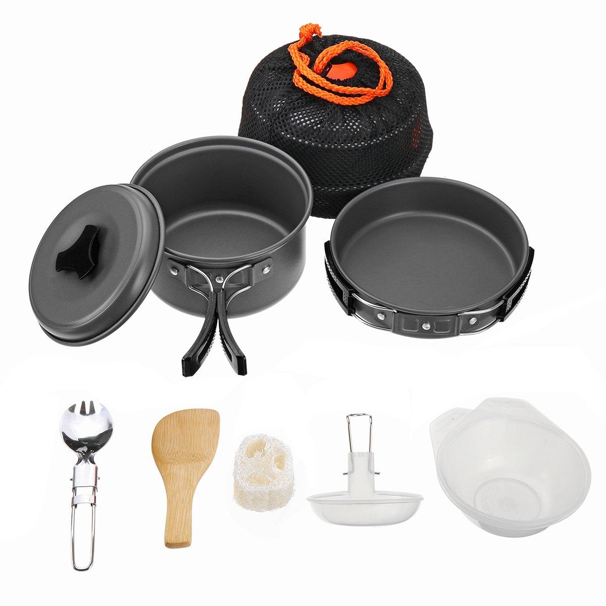 8 PCS Picnic BBQ Cooking Set 1-2 People Non-stick Pots Pans Bowls Outdoor Camping Cookware Kit - Matthew Petersen