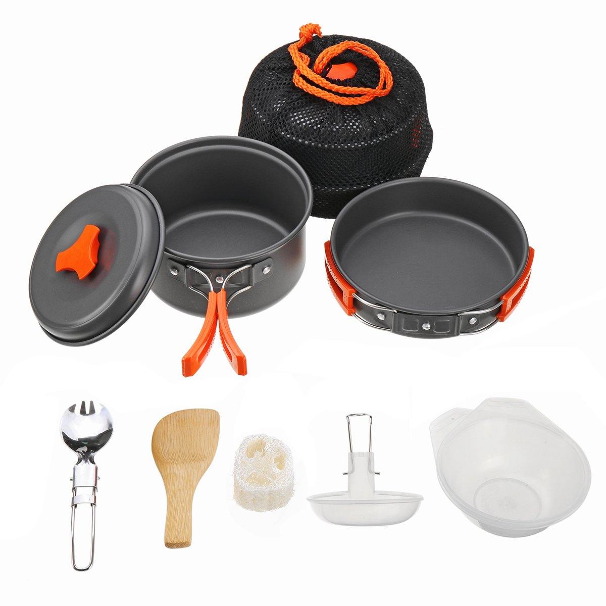 8 PCS Picnic BBQ Cooking Set 1-2 People Non-stick Pots Pans Bowls Outdoor Camping Cookware Kit - Matthew Petersen