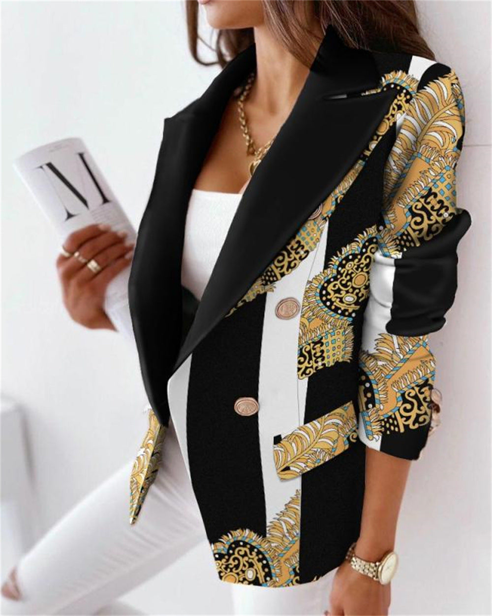 Long-Sleeved Double-Breasted Fashion Print Lapel Coat