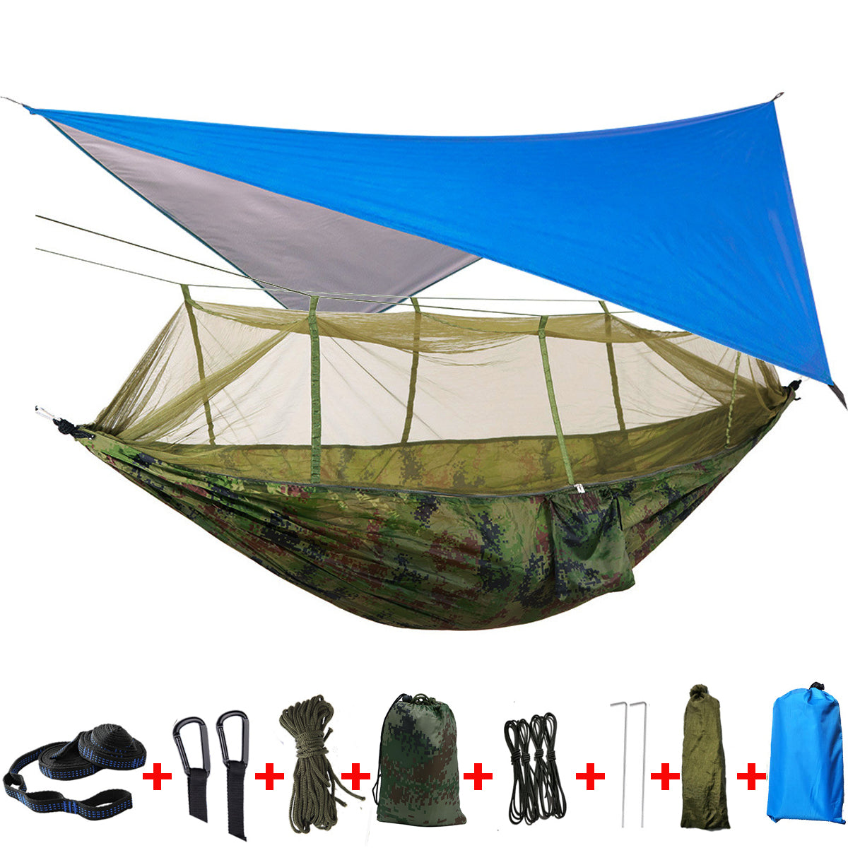 IPRee® 300KG Load 18pcs/set Lightweight Portable Camping Hammock and Tent Awning Set Rain Fly Tarp Mosquito Net Canopy 210T Nylon Hammocks, Waterproof 2000 Tree Straps Sun Shelter - Matthew Petersen